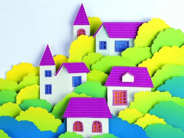 Аплікація будинків з картону і кольорового паперу