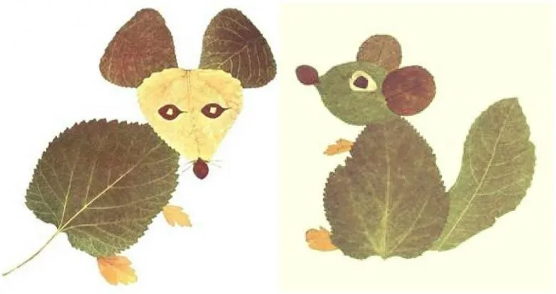 Аплікація тварин з листя і кольорового паперу 