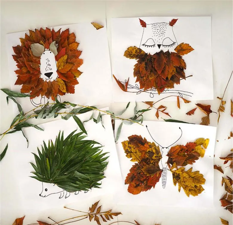 Аплікація тварин з листя і кольорового паперу 