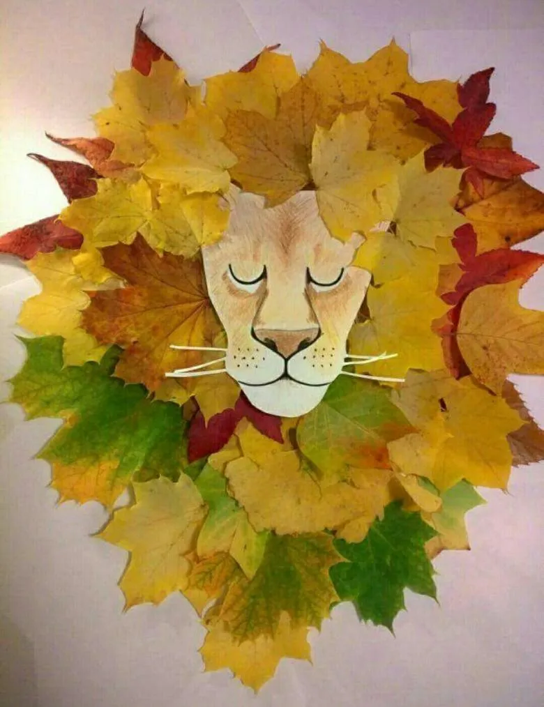 Аплікація лева з картону і листя 