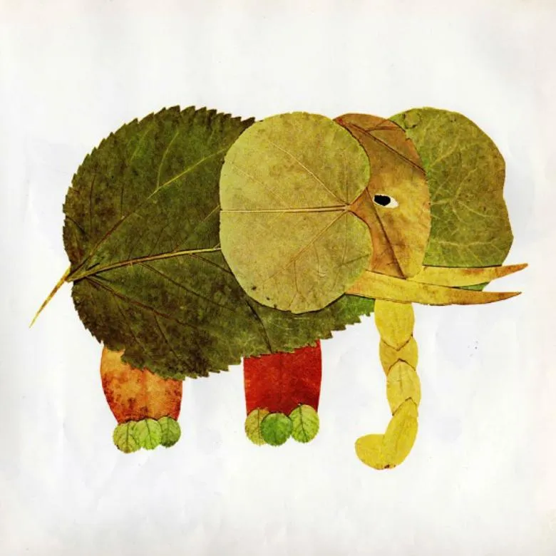 Аплікація слона з листя і кольорового паперу 