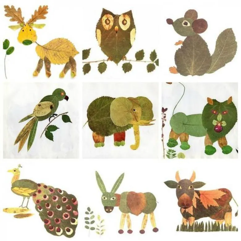 Аплікація на тему тварини з паперу і листя 