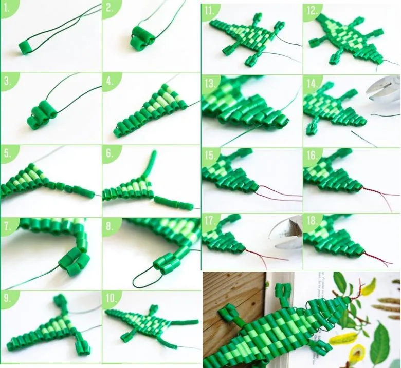 Інструкція з плетіння крокодила з зеленого бісеру і дроту